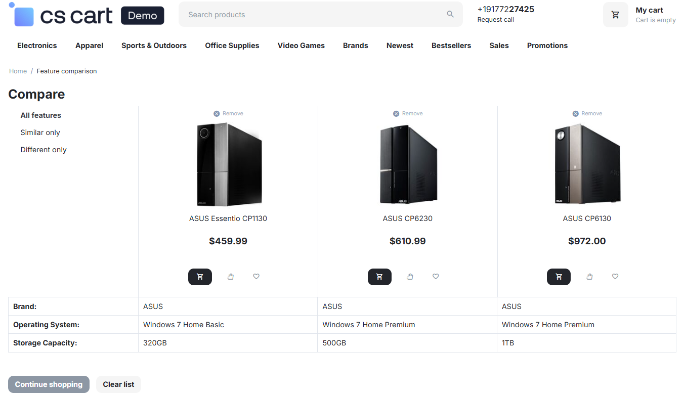 The comparison list displays the features of selected products in a table.