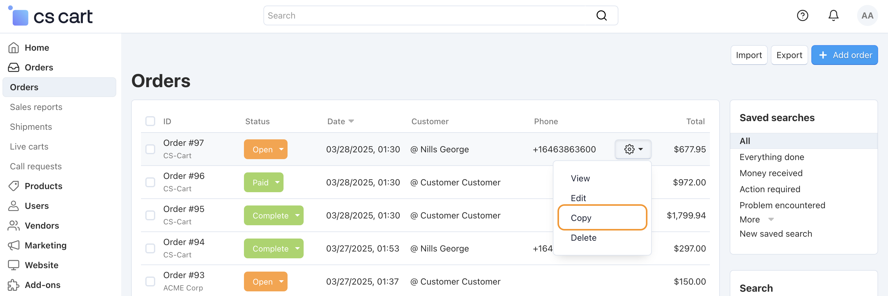 Copy orders right on the order list page.