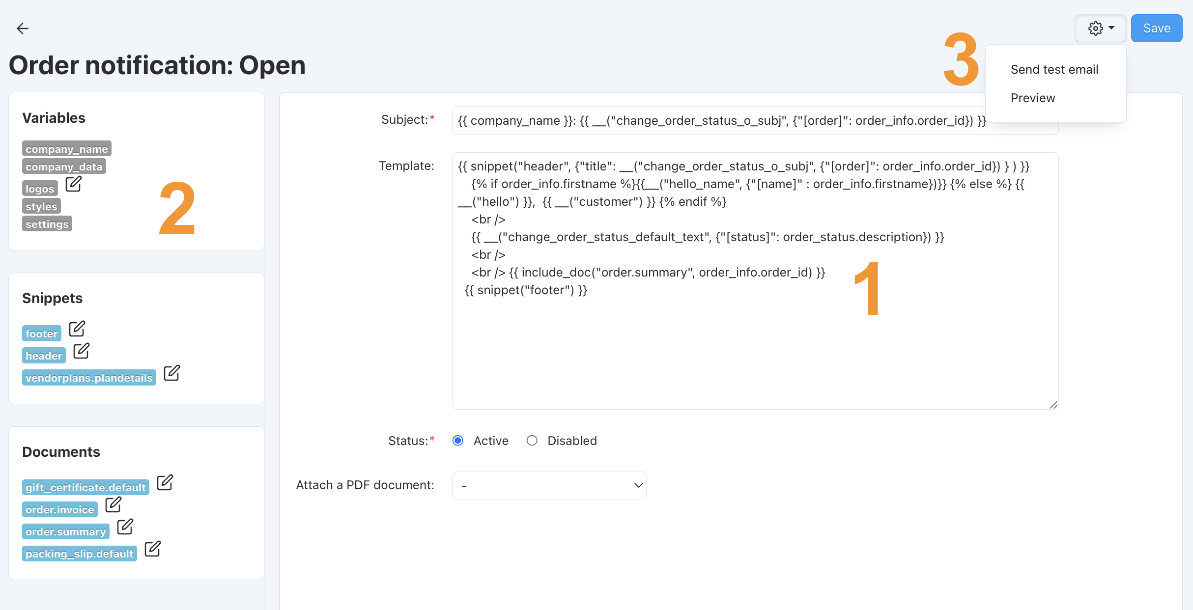 The structure of the email template editor.