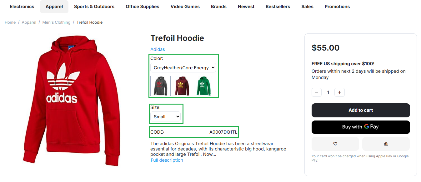 Product features appear on the separate tab on the product page.