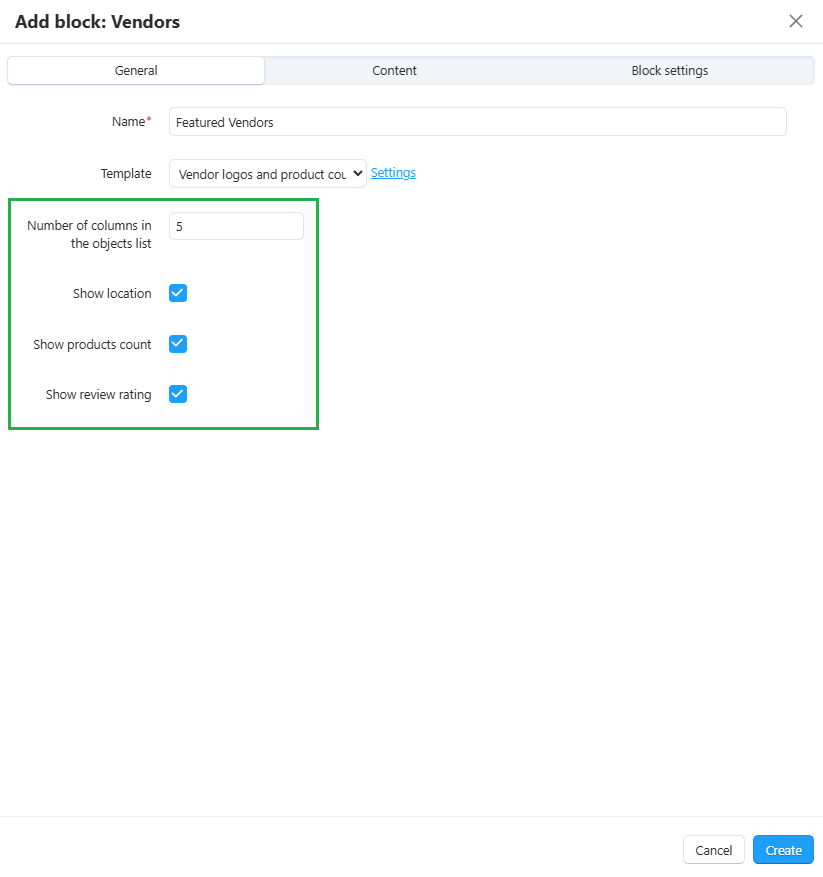 Template settings for the block with featured vendors.