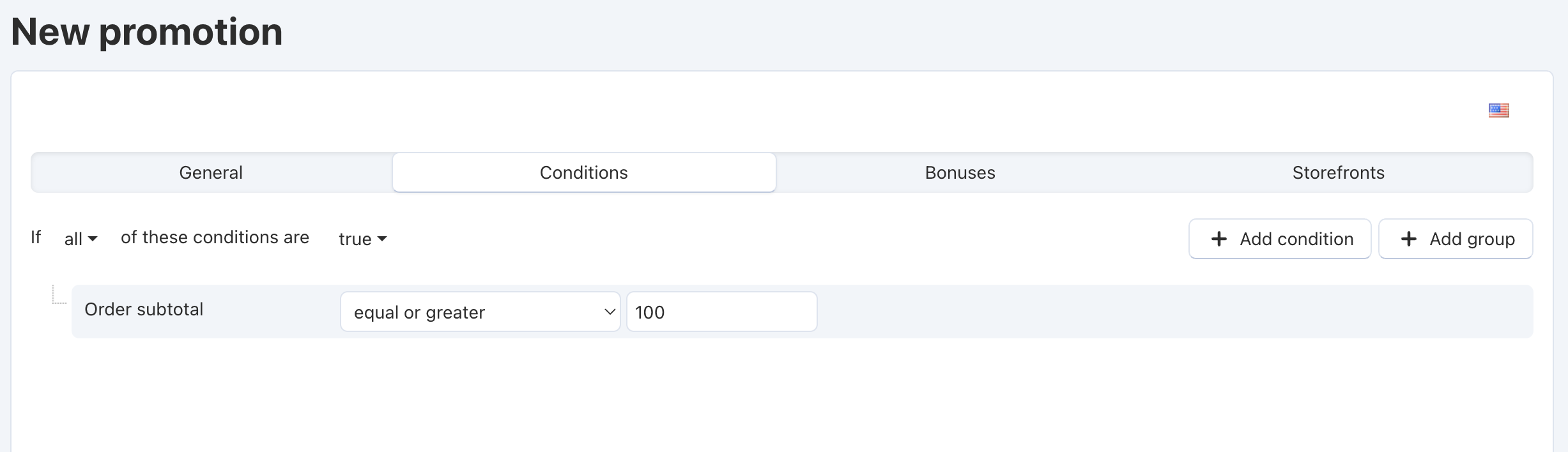The "Conditions" tab determines when the promotion applies.