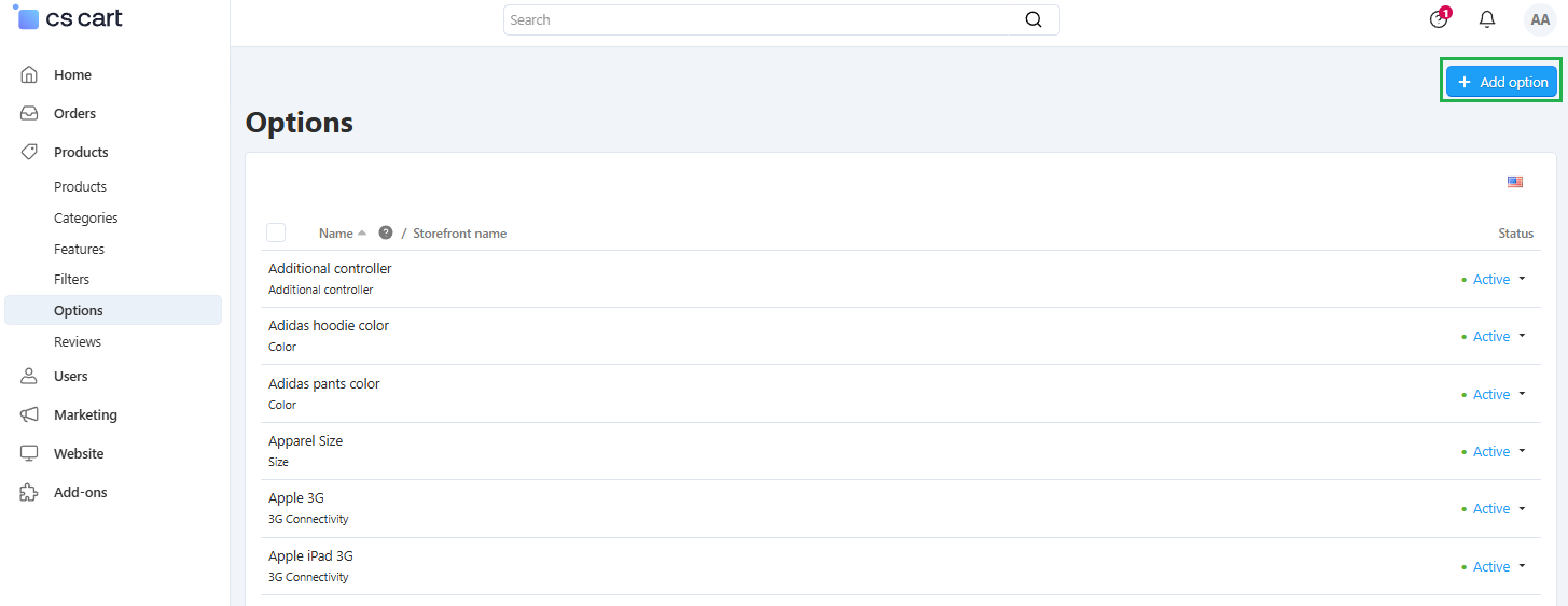The Options page in CS-Cart