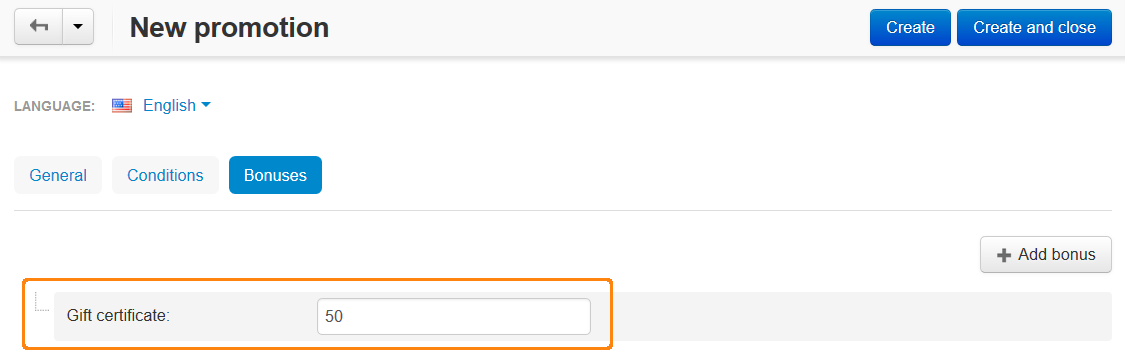 Specify the value of the gift certificate on the "Bonuses" tab of the promotion.