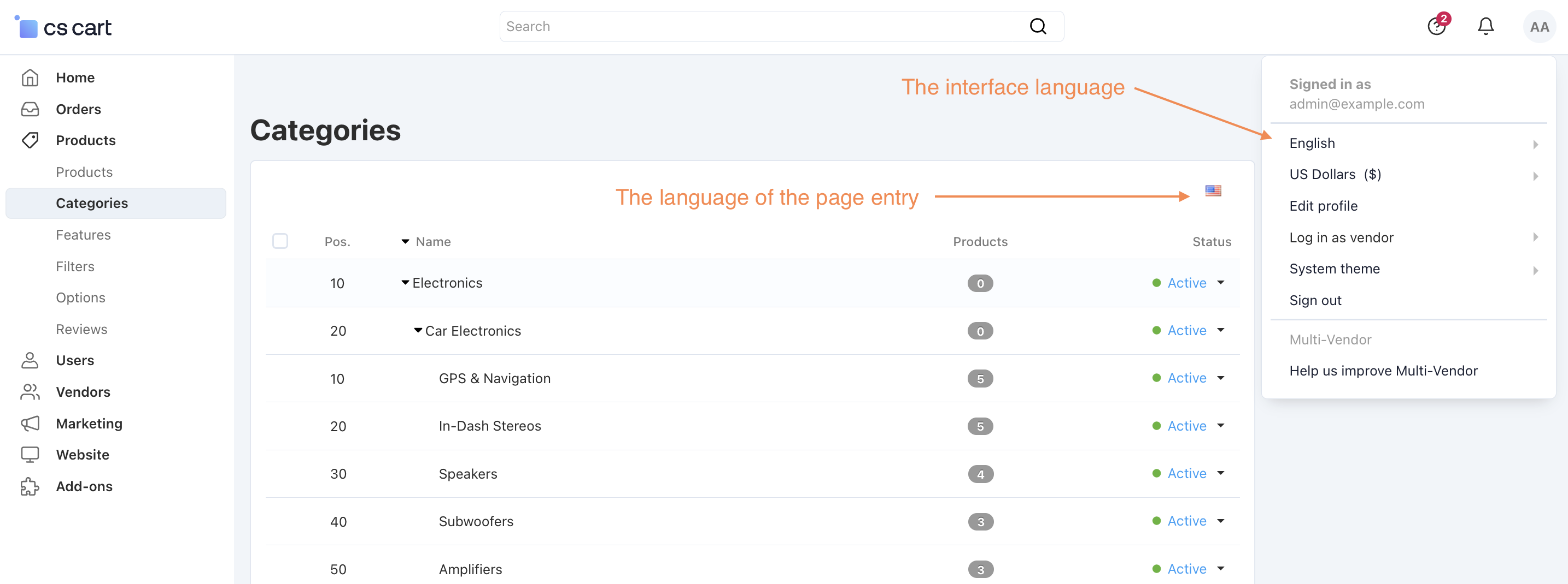 Interface and entries languages