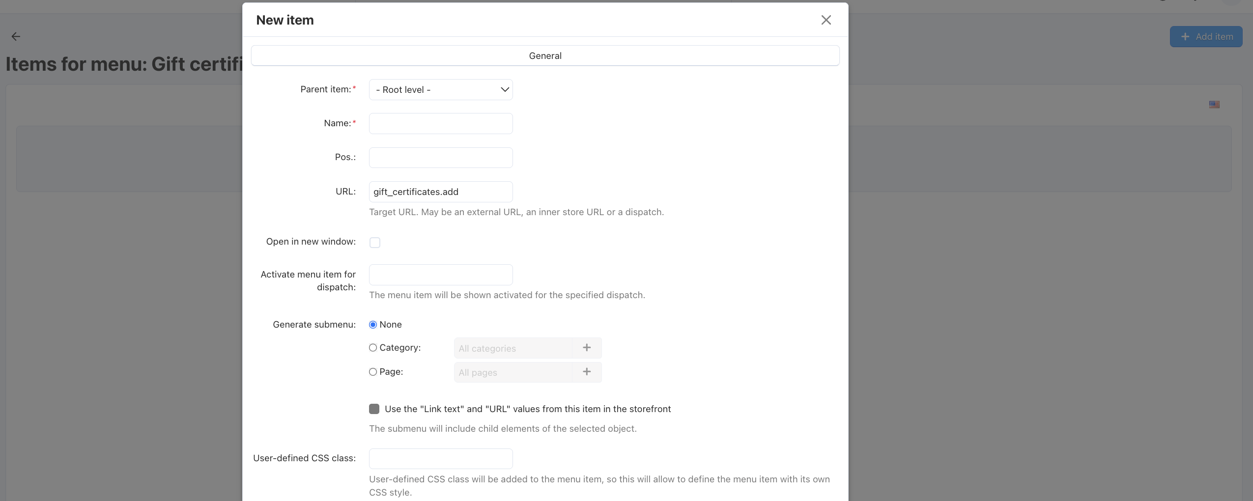 Add a menu item that links to the gift certificate creation page.