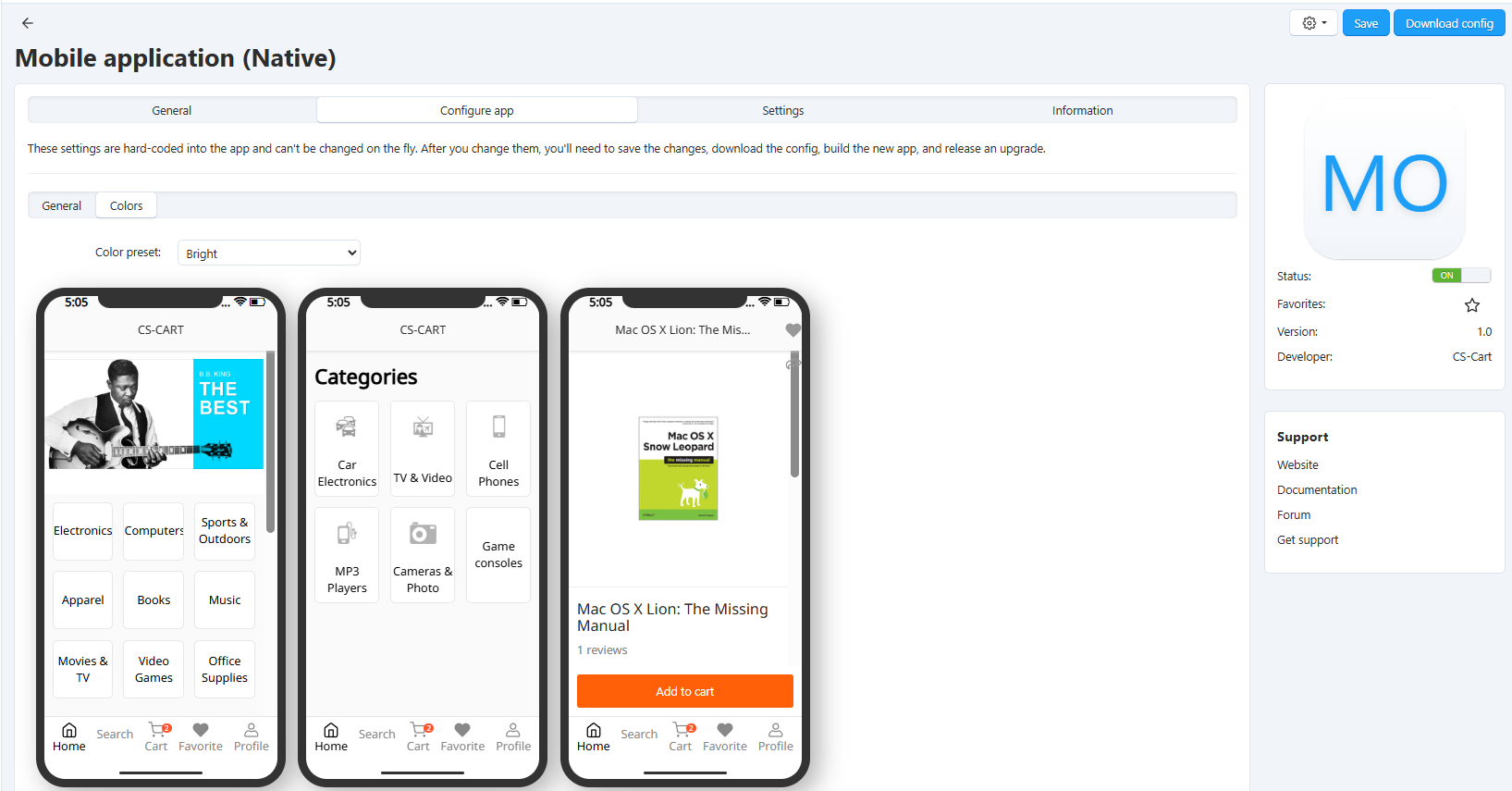 The interface for editing the colors of your mobile application.