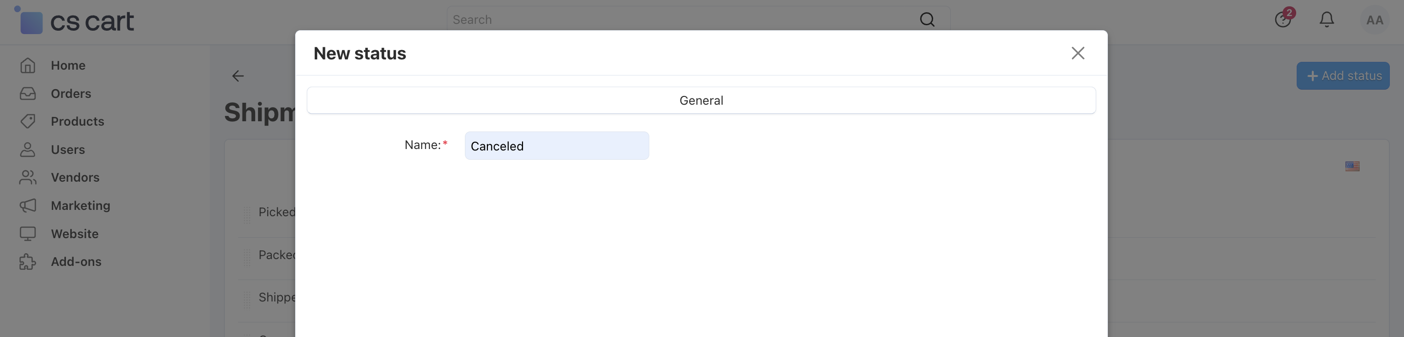 Enter the name of your shipment status and click Create.