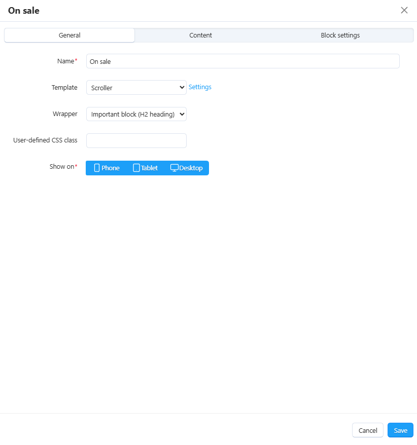 The General tab in the block editing dialog