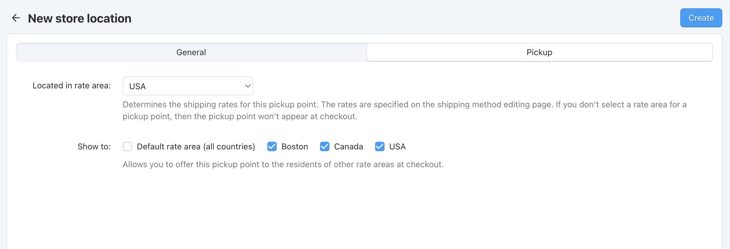 Select all the rate areas where the pickup point is supposed to appear at checkout.
