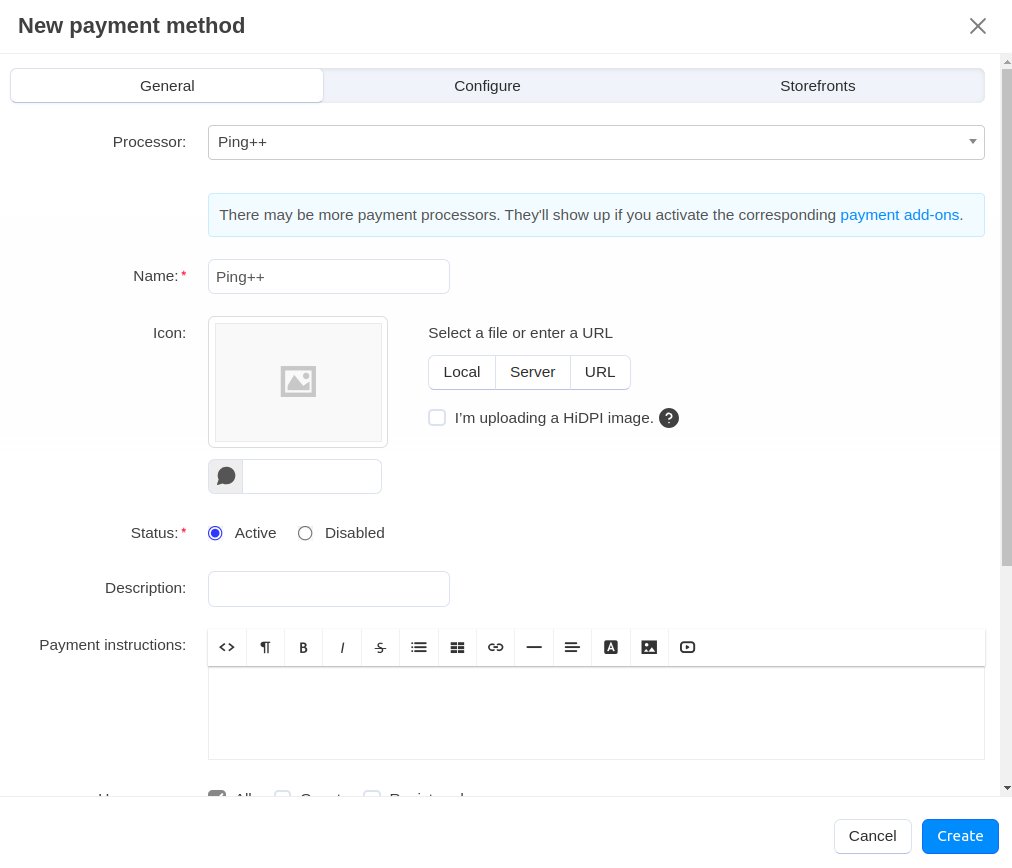 Creating a payment method for Ping++.