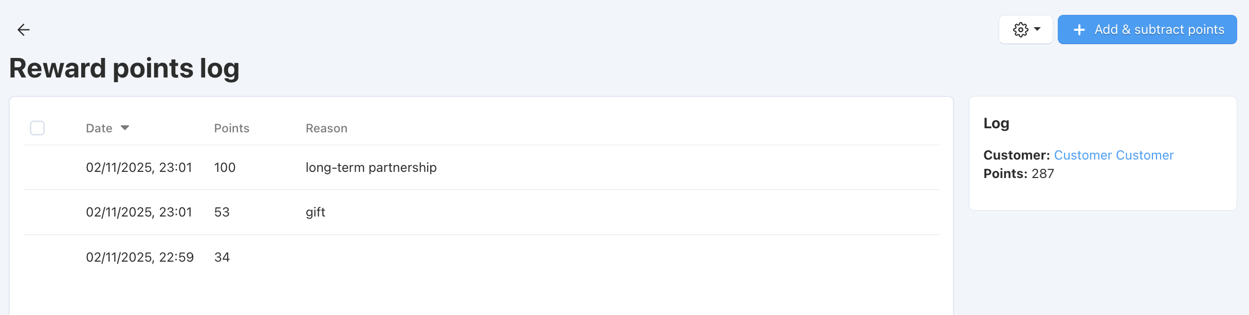 See the history of the reward point balance changes for specific users.