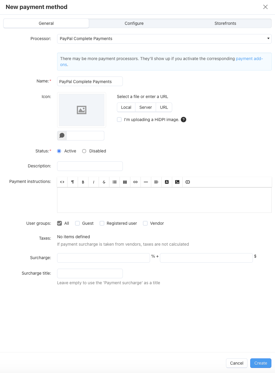 Creating a new PayPal Complete Payments payment method.