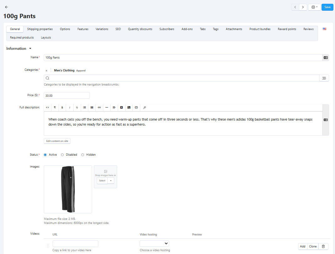 Tabs with properties on the product editing page.