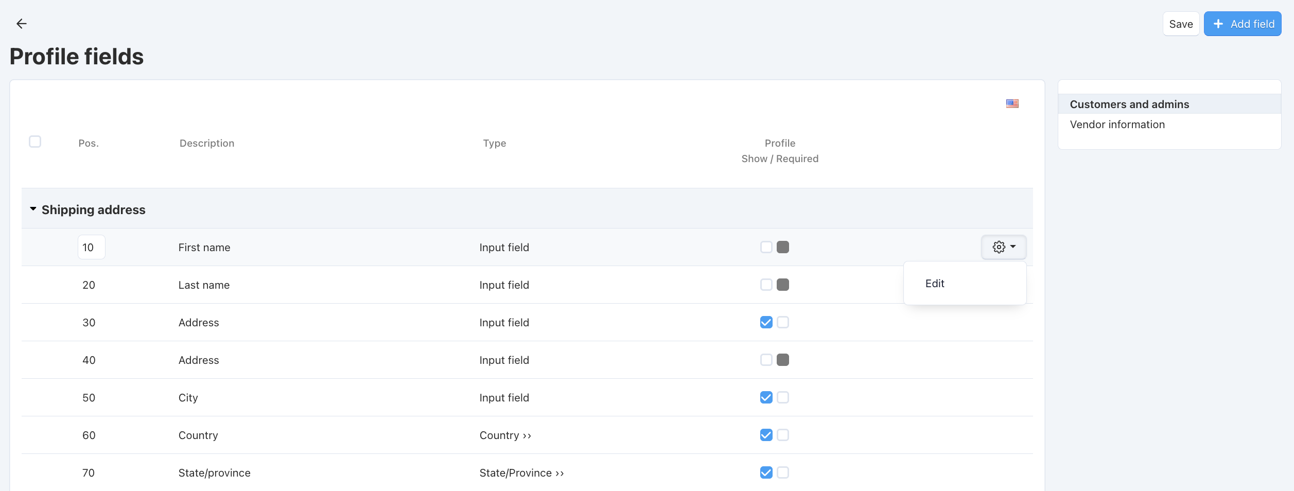 The list of profile fields in the administration panel.