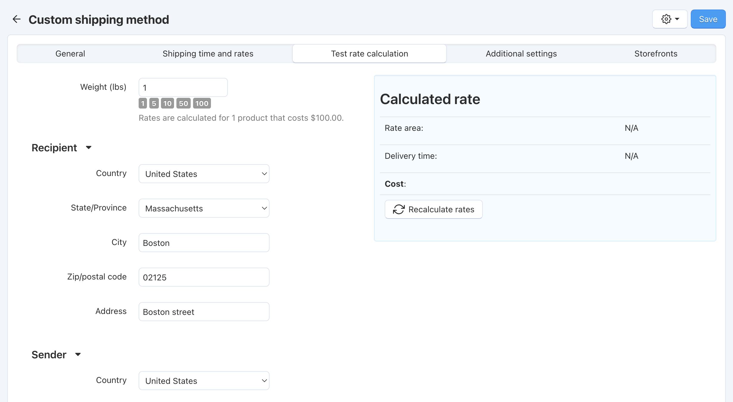 Recalculation of rates in the shipping method settings