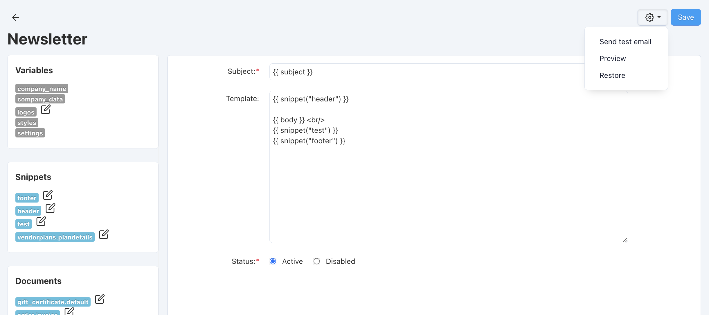 A snippet code in the email template editor.