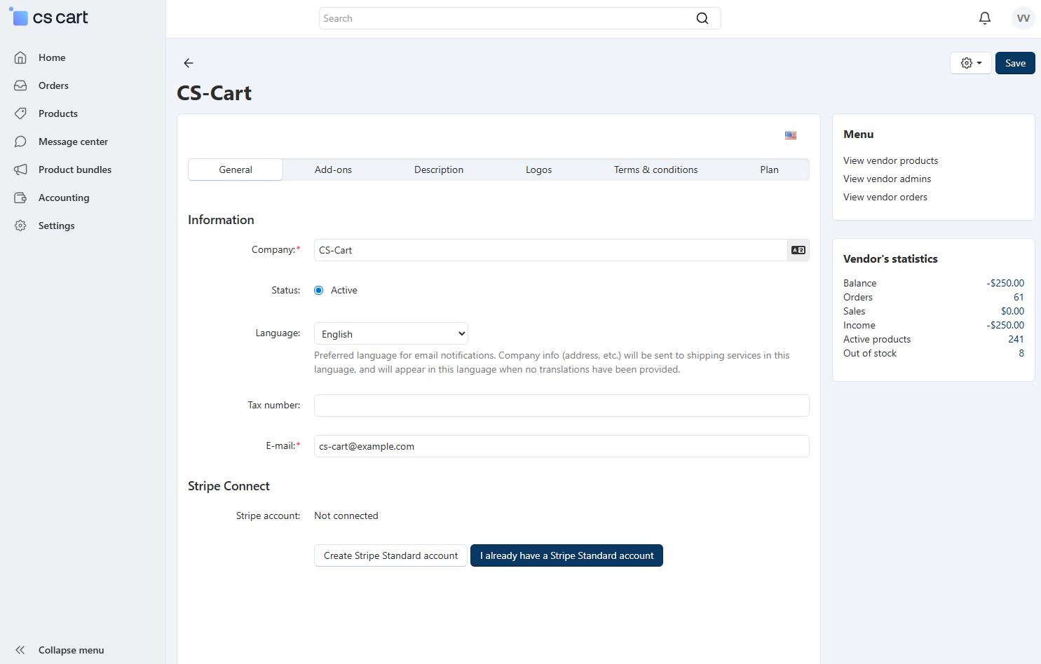 The "Create Stripe Standard account" button.