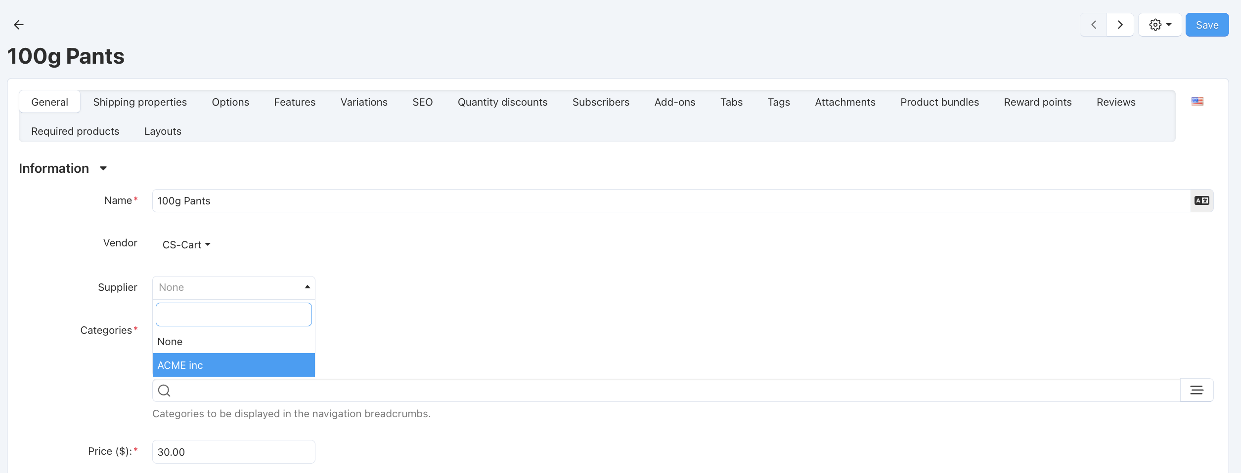Select the desired supplier in the Supplier select box.