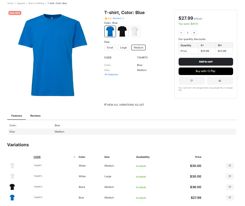 The list of variations on the product page.