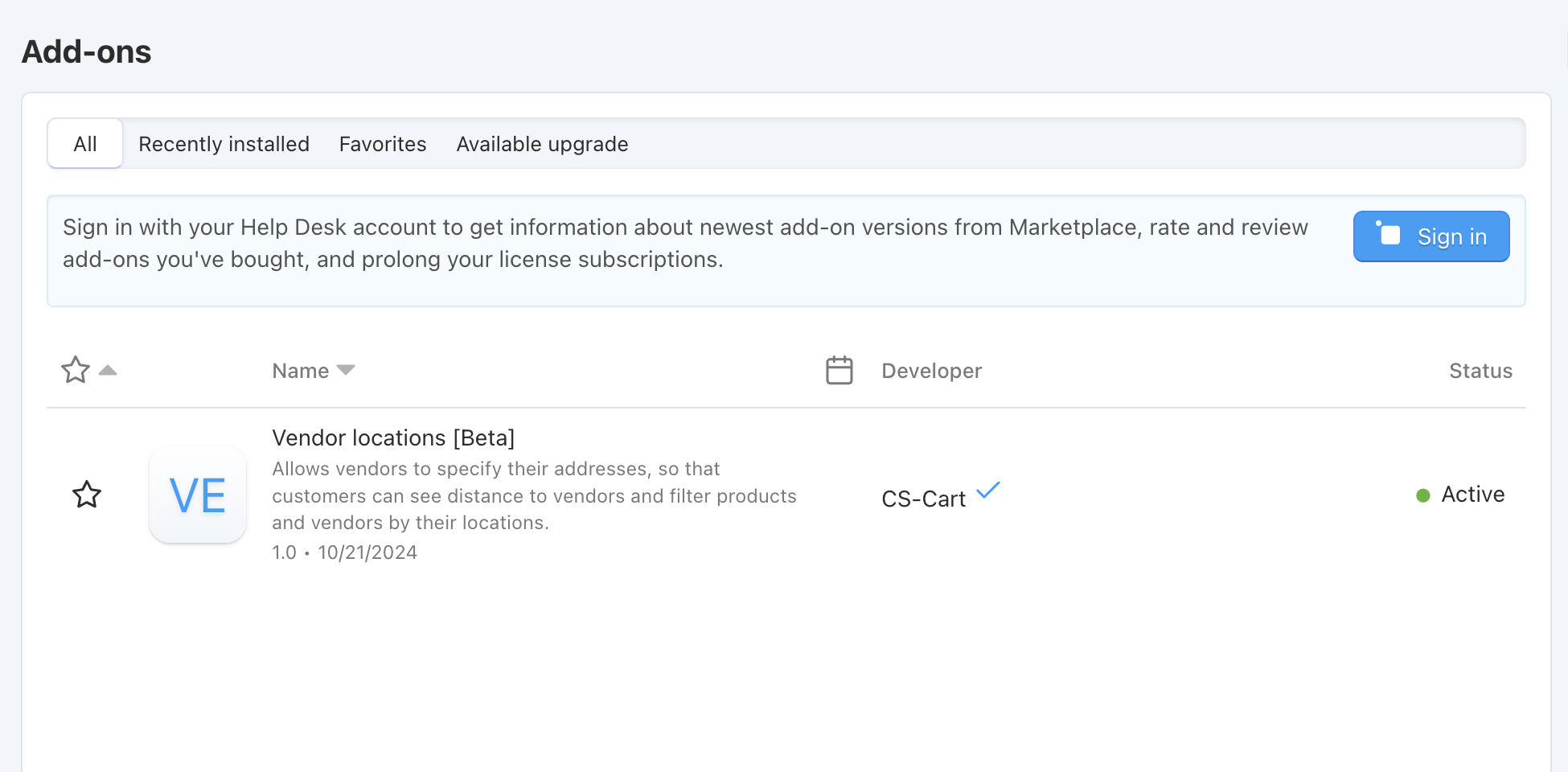 The "Vendor locations" add-on isn't installed by default
