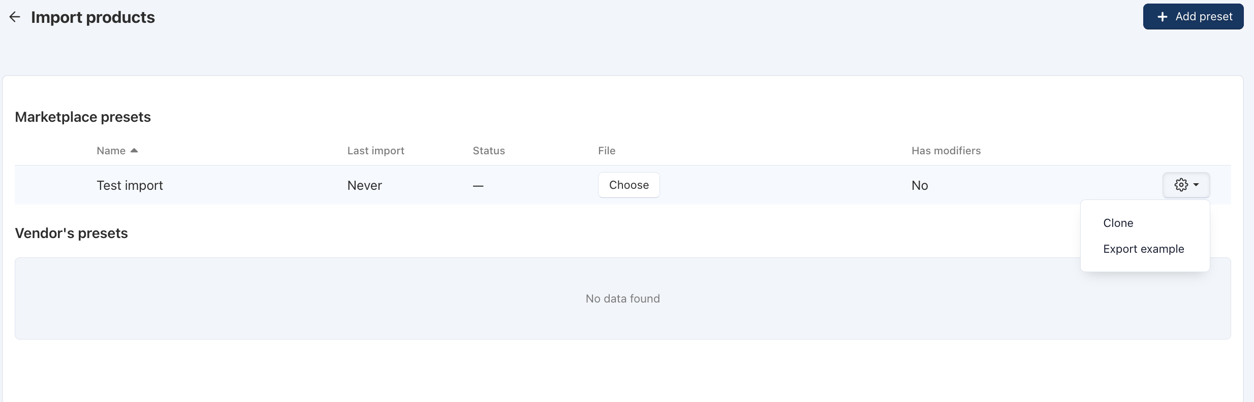Settings of the vendors's preset
