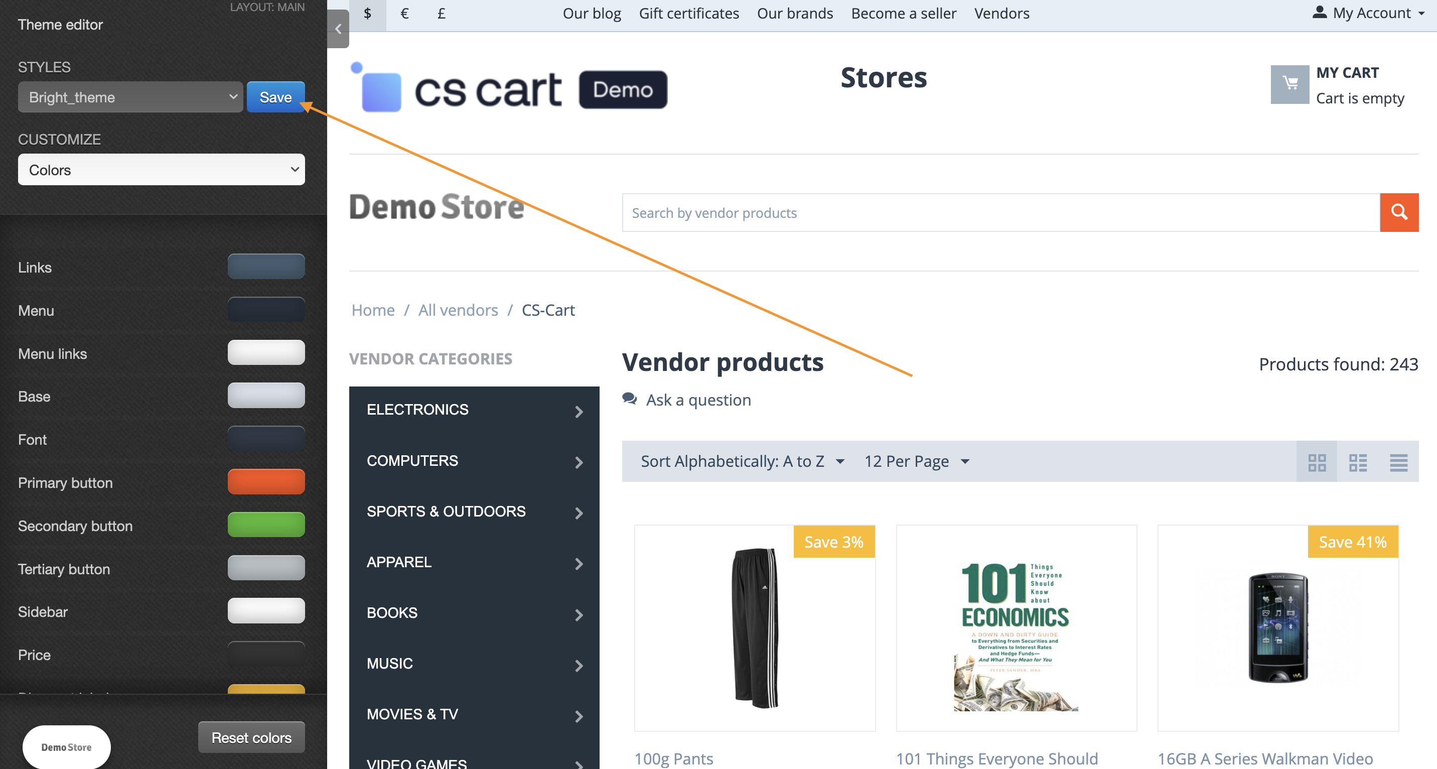 The theme editor allows vendors to customize their products, pages, and microstore.